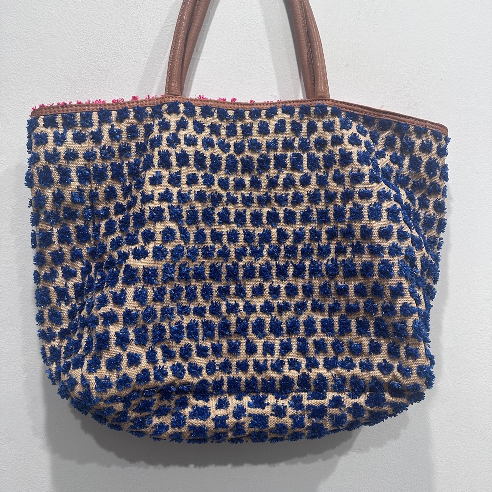 Anthropologie Miss Albright Speciality Pom burst tote bag travel woven blue red - Picture 2 of 5